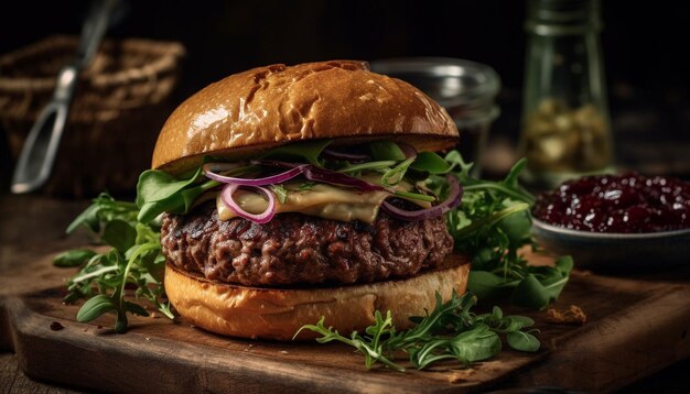 Kostenloses Foto gegrillter gourmet-cheeseburger auf frischem ciabatta-brötchen, generiert von ki