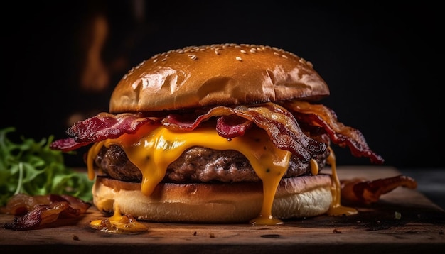 Gegrillter Gourmet-Cheeseburger auf rustikalem Holztisch, generiert von KI