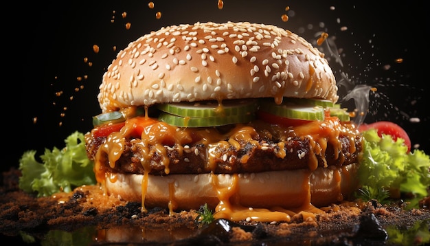 Kostenloses Foto gegrillter gourmet-cheeseburger auf sesambrötchen, verzehrfertig, generiert durch künstliche intelligenz