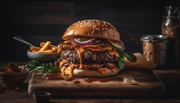 Gegrillter Gourmet-Cheeseburger mit Zwiebeln und Tomaten, generiert von AI