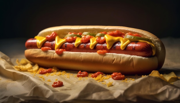 Kostenloses Foto gegrillter hot dog auf brötchen mit ketchup, generiert durch künstliche intelligenz