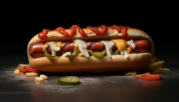 Gegrillter Hot Dog auf Brötchen mit Ketchup, generiert durch künstliche Intelligenz