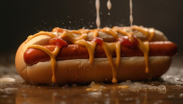 Gegrillter Hot-Dog-Fleisch-Ketchup-Frische-Snack aus nächster Nähe, erzeugt durch künstliche Intelligenz