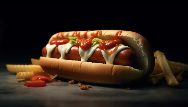 Kostenloses Foto gegrillter hot dog mit schweinefleisch-ketchup-zwiebel-barbecue-sandwich, generiert durch künstliche intelligenz