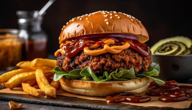 Kostenloses Foto gegrillter rindfleisch-burger mit tomaten-zwiebel-käse und pommes frites von ai