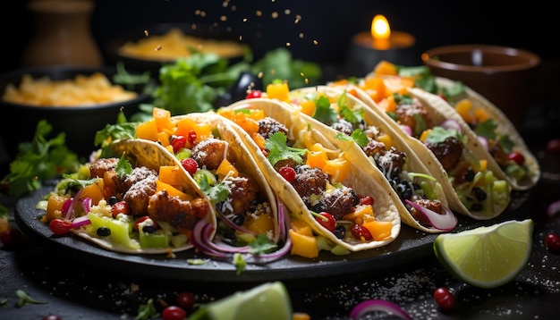 Kostenloses Foto gegrillter rindfleisch-taco mit frischer guacamole-tomate und koriander-beilage, generiert durch künstliche intelligenz