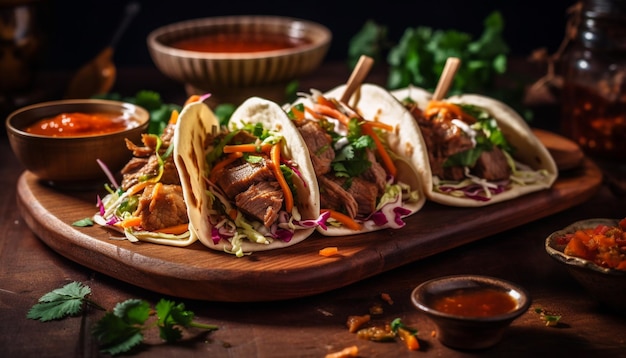 Kostenloses Foto gegrillter rindfleisch-taco mit frischer guacamole und koriander, hergestellt von ai