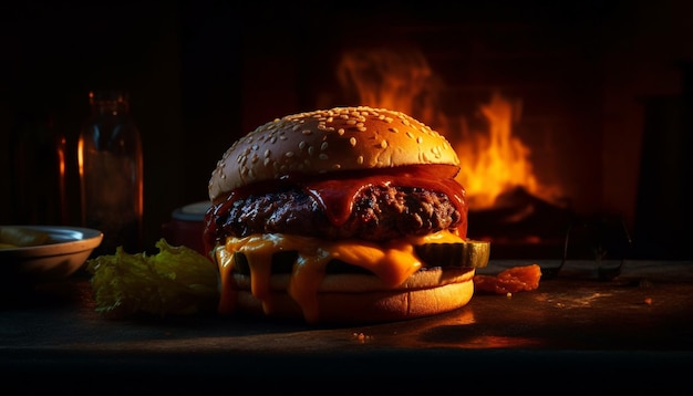 Kostenloses Foto gegrillter rindfleischburger auf holztischflamme gegrillt, erzeugt von ki