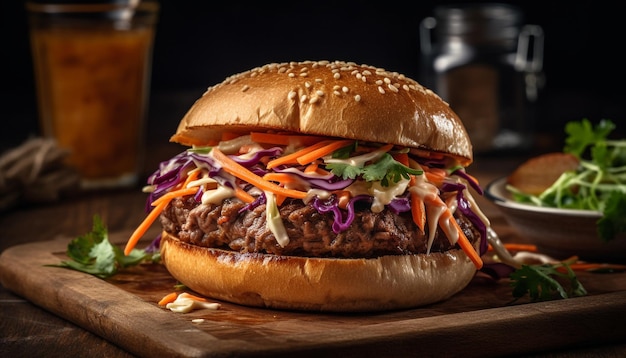 Kostenloses Foto gegrillter rindfleischburger auf rustikalem brötchen mit krautsalat, generiert von ki