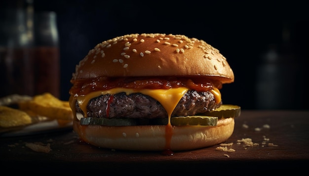 Kostenloses Foto gegrillter rindfleischburger mit käsebrötchen und erfrischendem getränk, das von künstlicher intelligenz erzeugt wurde