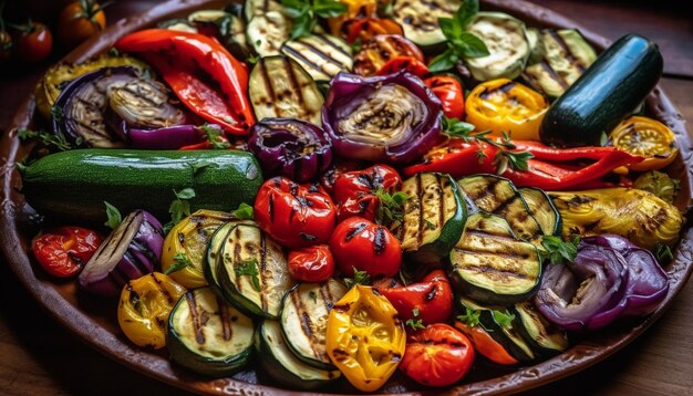 Gegrillter vegetarischer Teller mit frischem Bio-Sommergemüse und Kürbis, generiert von AI
