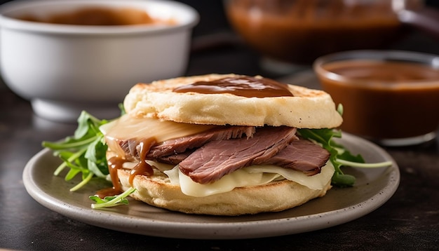 Gegrilltes Fleischsandwich auf Teller, Vorspeise mit Speck und Tomaten, generiert von KI