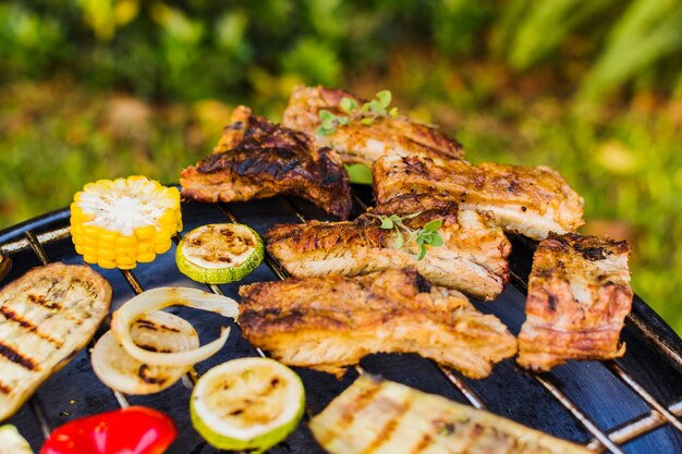 Gegrilltes Gemüse und Fleisch draußen auf Picknick