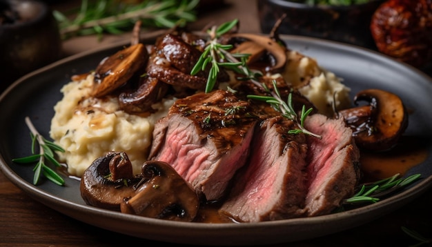 Kostenloses Foto gegrilltes gourmetsteak mit essbarem pilz, frischem gemüse und kräutern, erzeugt von ki