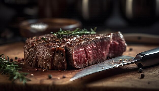 Gegrilltes Lendensteak auf rustikalem Holztisch, generiert von KI