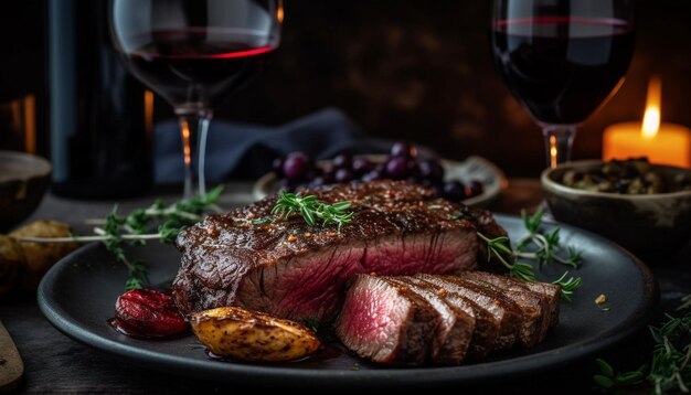 Gegrilltes Lendensteak mit Rotweinsauce auf rustikalem Teller, generiert von AI