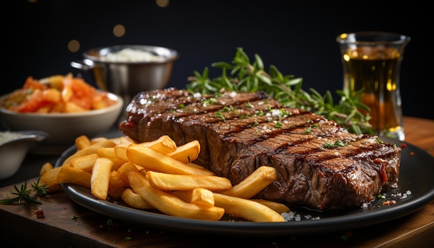 Kostenloses Foto gegrilltes rindfleisch auf einem teller mit pommes und gemüse, erzeugt durch künstliche intelligenz