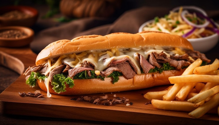 Kostenlose Foto gegrilltes rindfleischsandwich auf ciabatta mit von ki erzeugten pommes