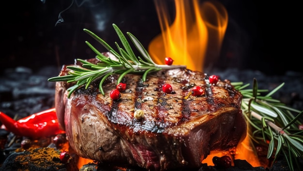 Gegrilltes saftiges Steak, das im Feuer gekocht wird, erstellt mit generativer KI-Technologie