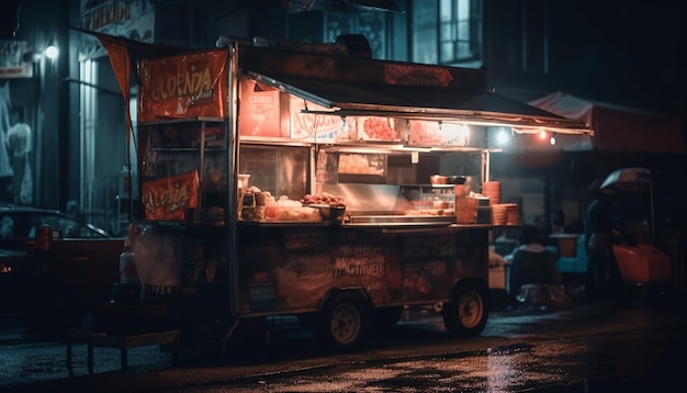 Kostenloses Foto gegrilltes schweinefleisch, das von einem von ki generierten nachtmarkthändler verkauft wird