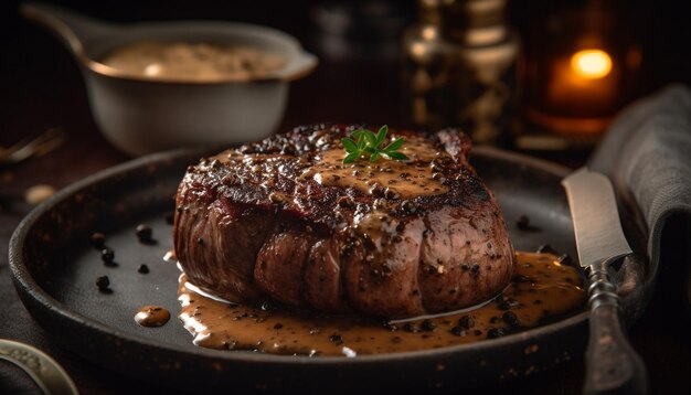 Gegrilltes Steak auf einem Teller, fertig zum Verzehr, erzeugt von KI