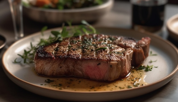 Kostenloses Foto gegrilltes steak, frischer salat und wein auf einem von künstlicher intelligenz erzeugten holztisch