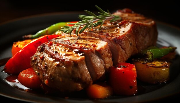 Kostenloses Foto gegrilltes steakfilet, frische tomatenscheibe, gourmet-salat auf einem teller, der von künstlicher intelligenz generiert wurde