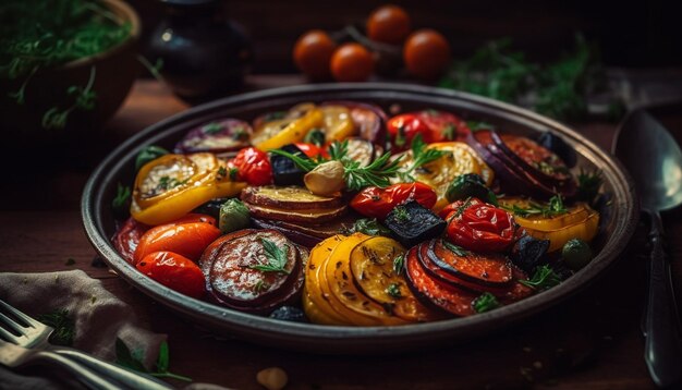 Gegrilltes vegetarisches Essen auf rustikalem Holzteller, generiert von AI