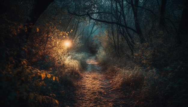 Kostenloses Foto geheimnisvoller nebel verhüllt einen von ki generierten, gruseligen herbstlichen waldweg