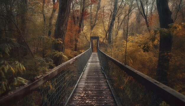 Gehen auf einer erhöhten Fußgängerbrücke, umgeben von Herbstschönheit, die von KI generiert wird