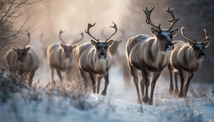 Kostenlose Foto gehörnter hirsch, der in der generativen ki des schneebedeckten wildnisgebiets steht