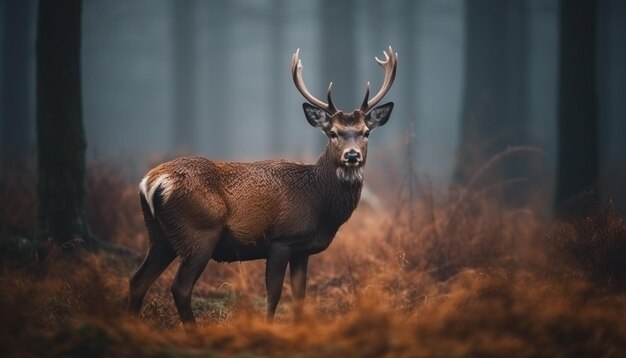 Gehörnter Hirsch grast auf einer ruhigen, von KI erzeugten Herbstwiese