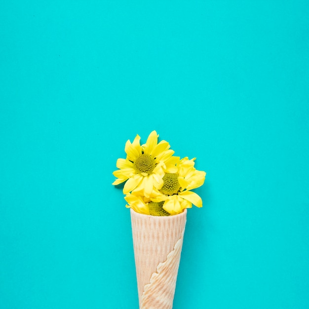 Gelbe Blumen der Nahaufnahme im Waffelkegel