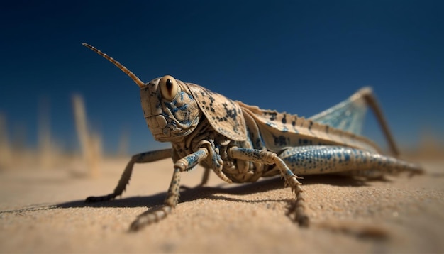 Kostenloses Foto gelbe heuschrecke, die auf sand ruht, nahaufnahme, generiert von ki