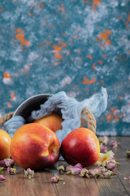 Gelbe rote Pfirsiche auf blauem metallischem Eimer.