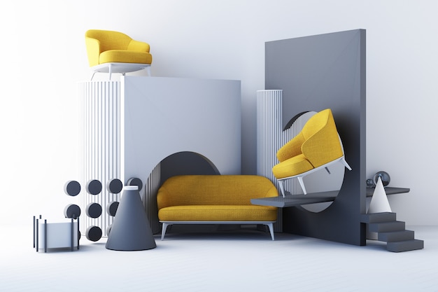 Gelbe und graue farbstühle, sofa, sessel im leeren hintergrund. umgeben von geometrischer form konzept des minimalismus & installationskunst. 3d-rendering-modell