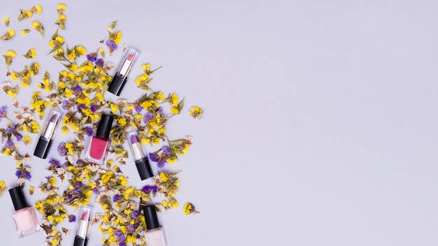 Gelbe und purpurrote Blumen mit bunten Lippenstiften und rosafarbenem Nagellack auf farbigem Hintergrund