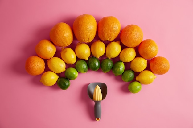 Gelbe Zitronen der frischen Orangen und grüne Limetten im Halbkreis über dem manuellen Entsafter angeordnet. Quetscher zur Herstellung von Bio-Saft aus Zitrusfrüchten. Konzept der Vitamine und des gesunden Lebensstils.