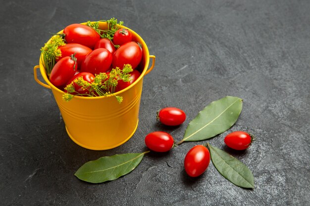 Gelber Eimer der Ansicht von unten Kirschtomaten und Dillblumen und Lorbeerblätter auf dem dunklen Hintergrund