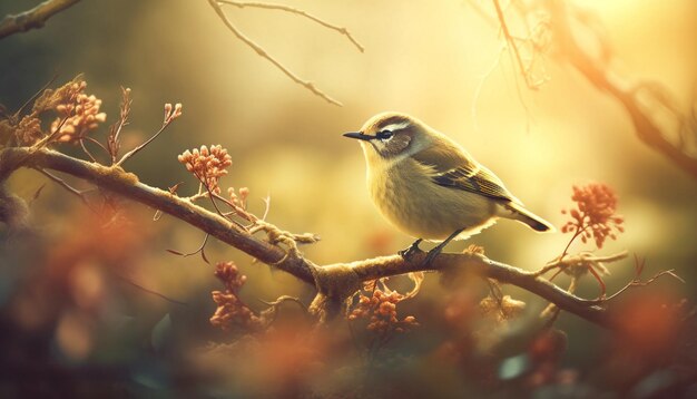 Gelber Singvogel hockt auf einem Ast im Sonnenlicht, generative KI