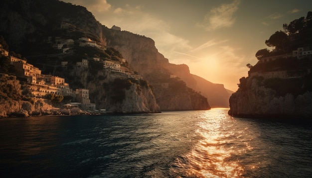 Gelber Sonnenuntergang über dem idyllischen Wasserrand von Santorini, generiert von KI