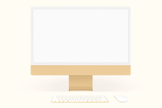 Gelbes, minimales digitales Computer-Desktop-Bildschirmgerät mit Designraum