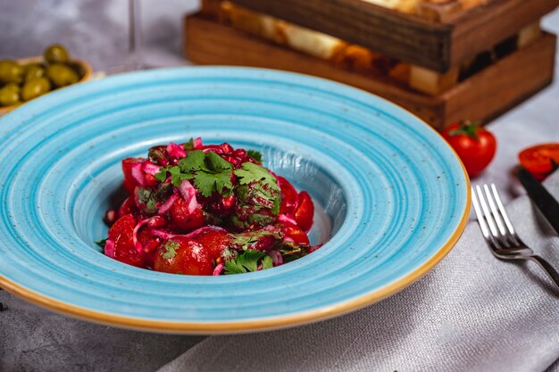 Gemischte Tomatensalat Petersilie Oninon Kohl Granatapfelsauce Seitenansicht