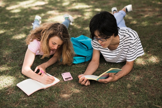 Kostenloses Foto gemischtrassiger teenager, der auf gras im park studiert