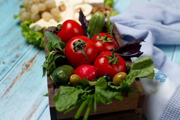 Gemüsetablett mit Tomaten, Gurken und Kräutern.