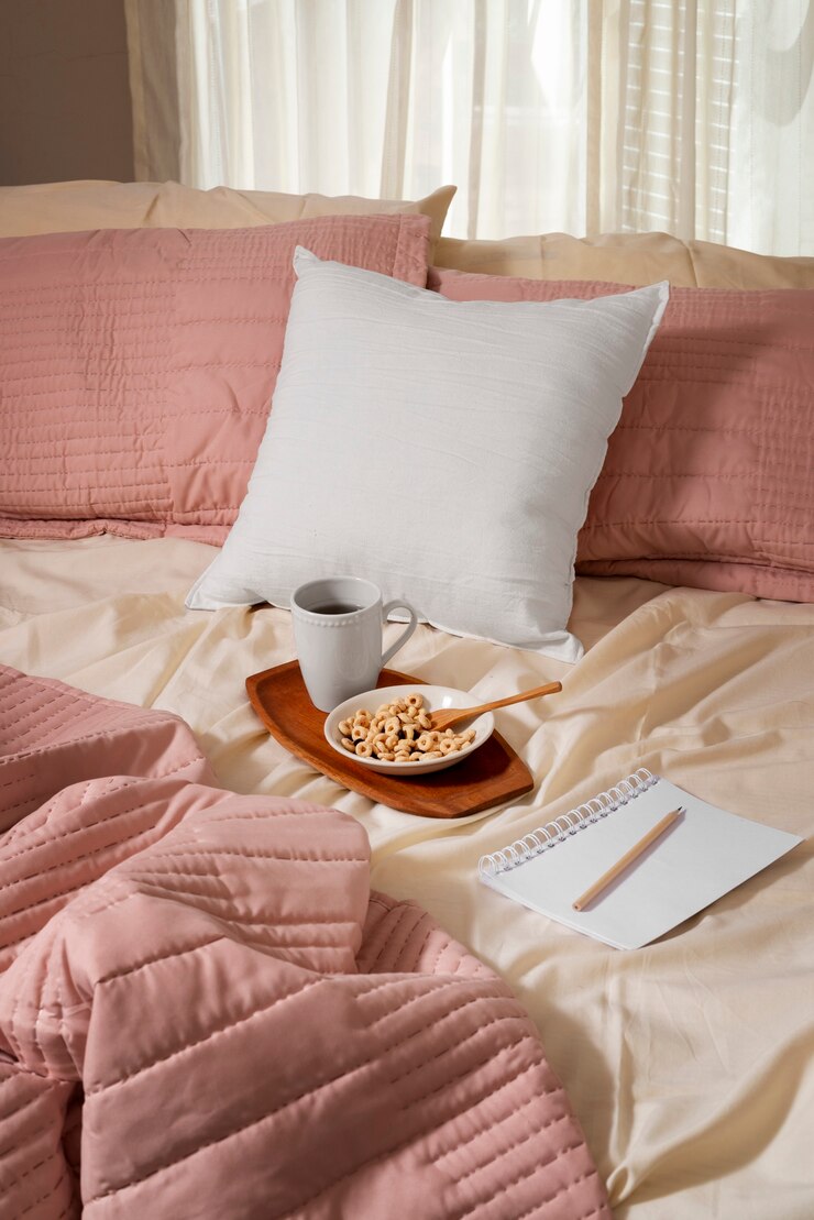 Kostenlose Foto gemütliche bettanordnung mit hohem winkel und kaffeetasse