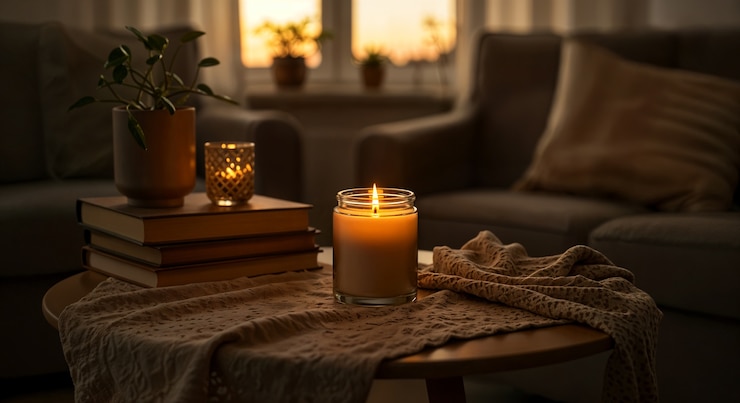 Kostenlose Foto gemütliche candlelight-szene in einem entspannten wohnzimmer