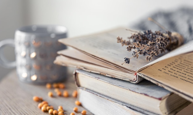 Gemütliche Hauskomposition mit einem Stapel Bücher auf verschwommenem Hintergrund