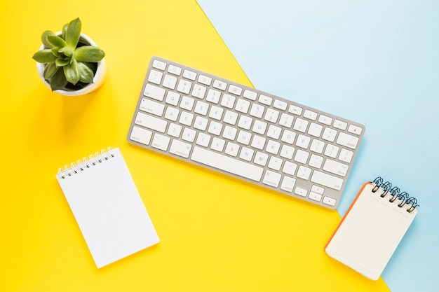 Gemütlicher Arbeitsplatz mit Tastatur und Notebooks