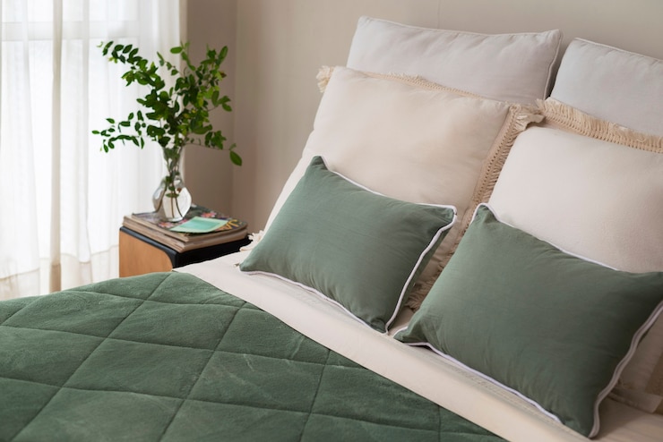 Kostenlose Foto gemütliches bett mit hohem winkel